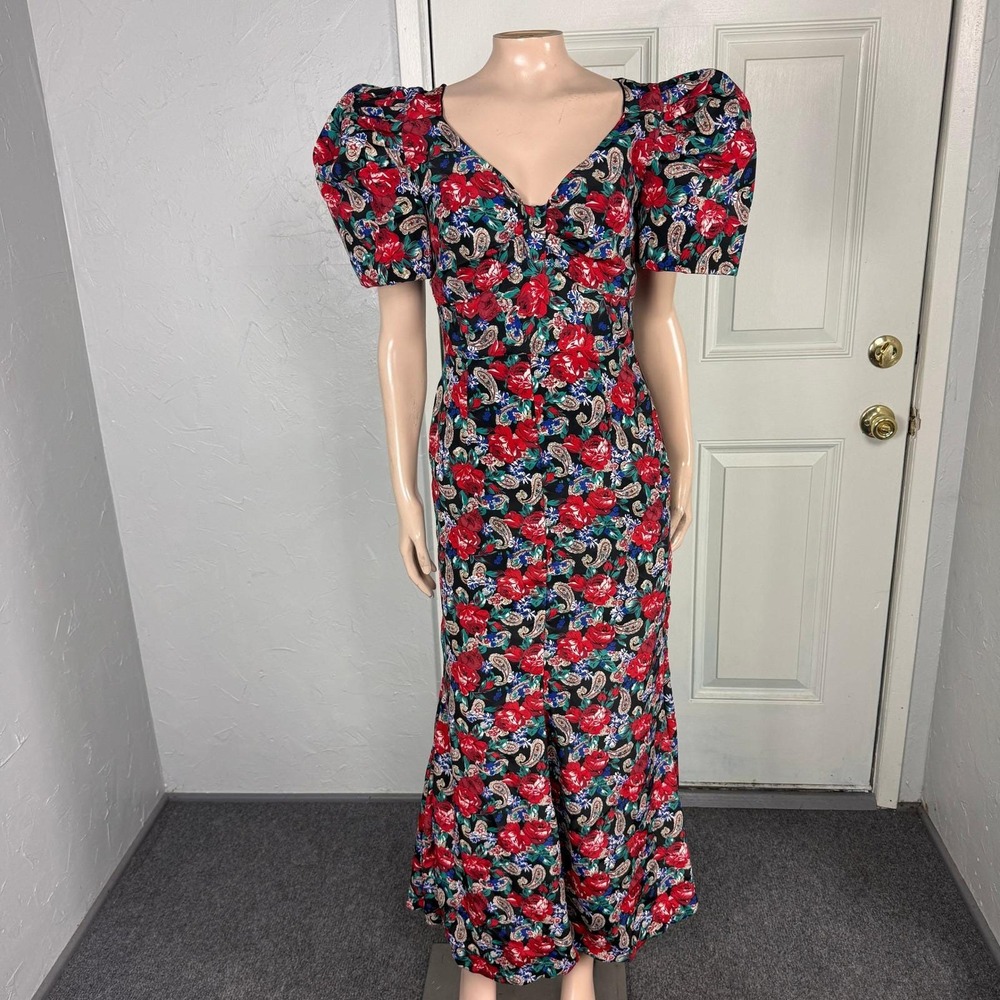 Vintage 80s 90's Womens Dress Puff Sleeve Party Formal Floral Evening Paisley P4